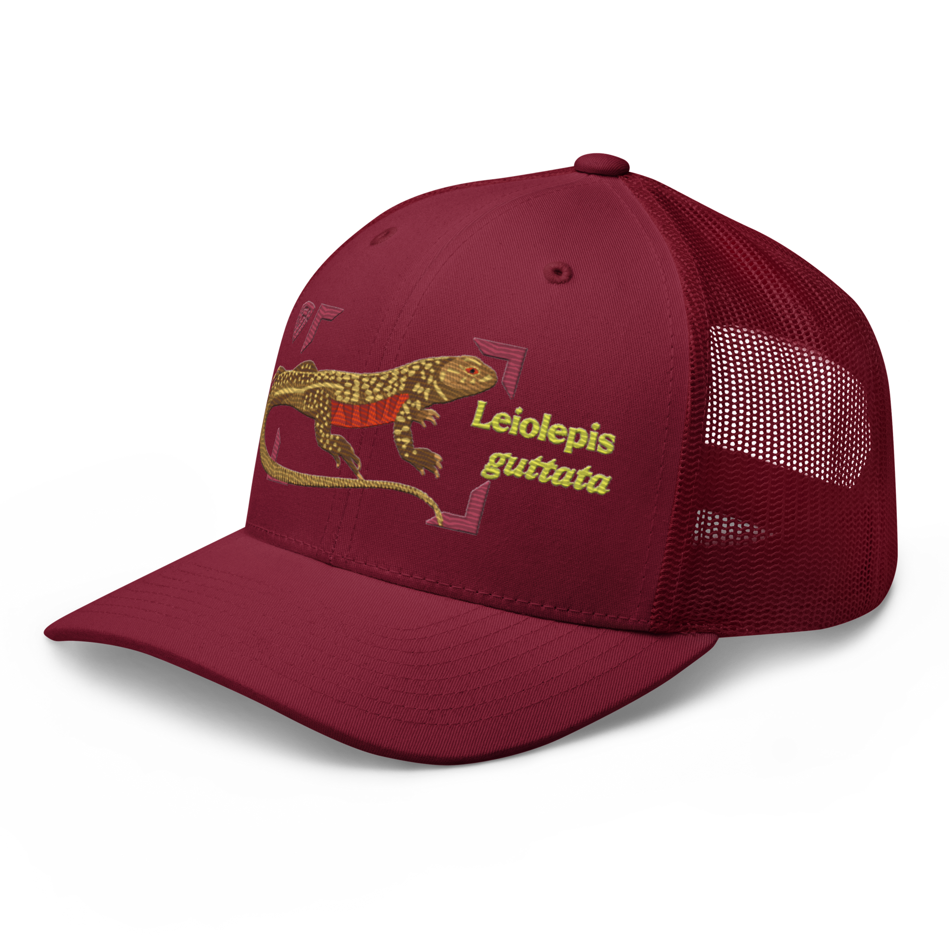 Giant Butterfly Lizard "Leiolepis guttata" Embroidered Cranberry Red Trucker Hat Left Front Mockup