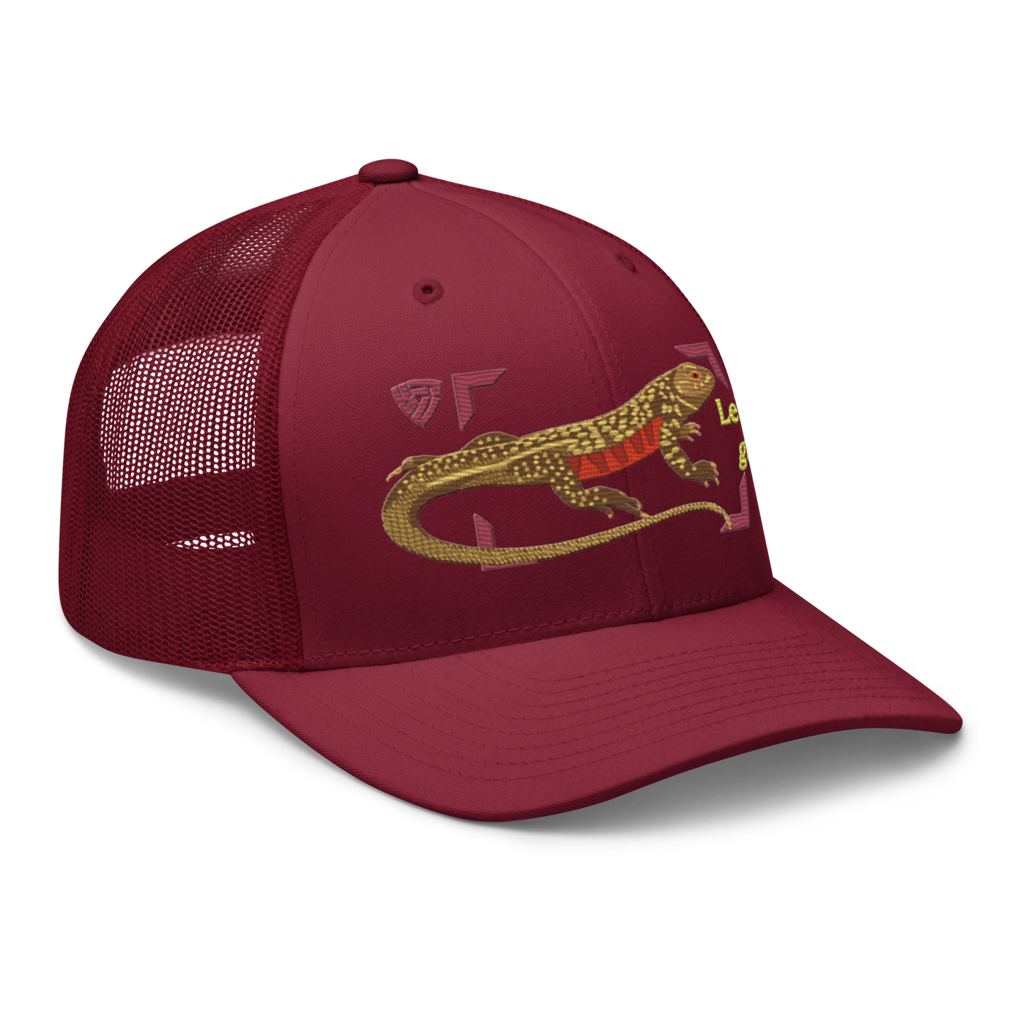 Giant Butterfly Lizard "Leiolepis guttata" Embroidered Cranberry Red Trucker Hat Right Front Mockup