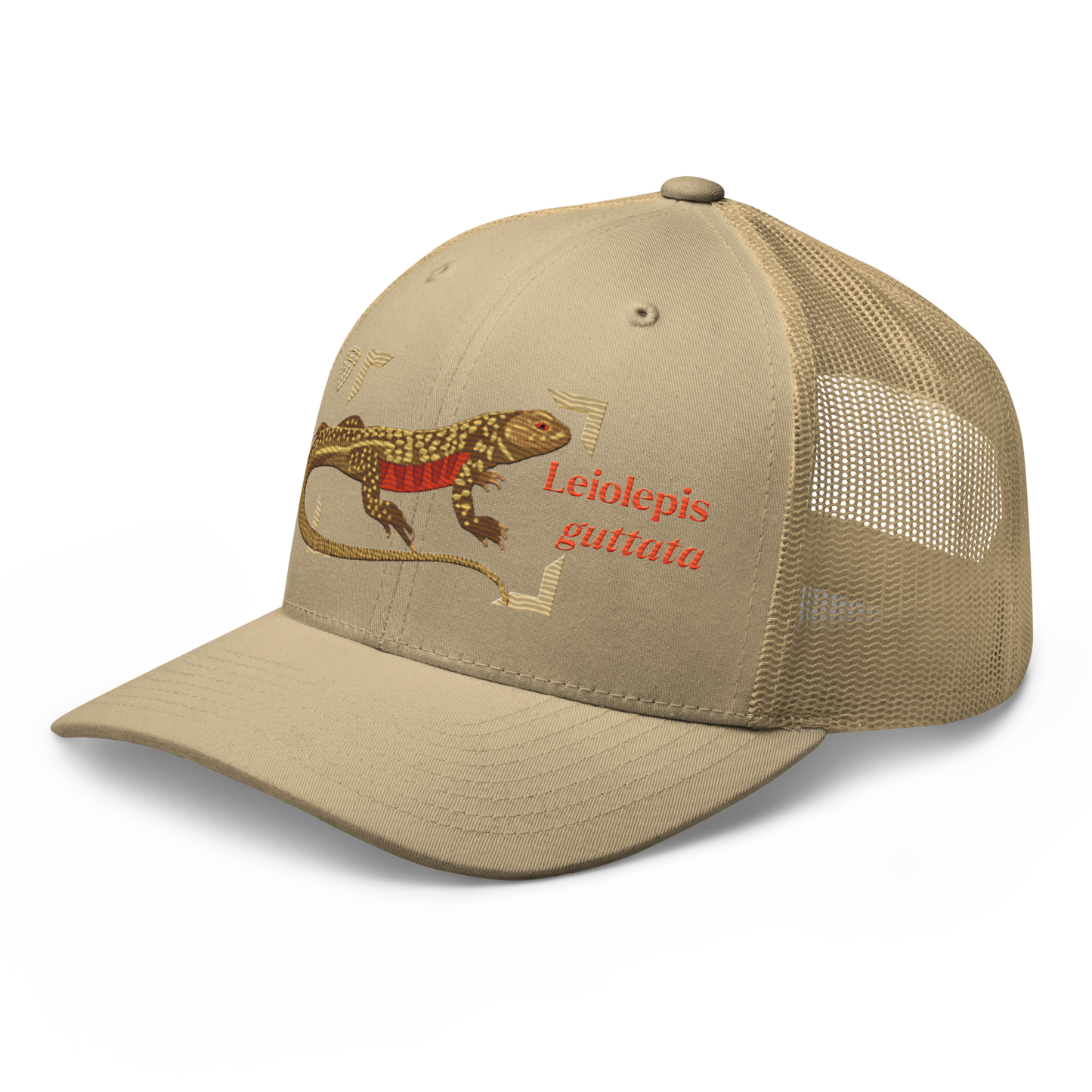 Giant Butterfly Lizard "Leiolepis guttata" Embroidered Khaki Trucker Hat Left Front Mockup