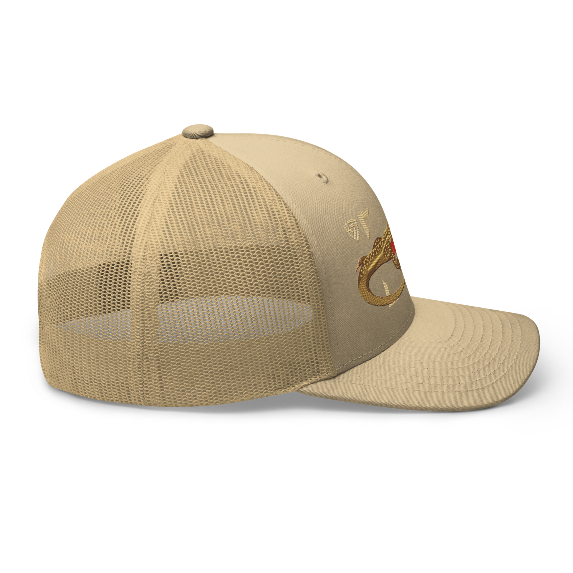 Giant Butterfly Lizard "Leiolepis guttata" Embroidered Khaki Trucker Hat Right Mockup