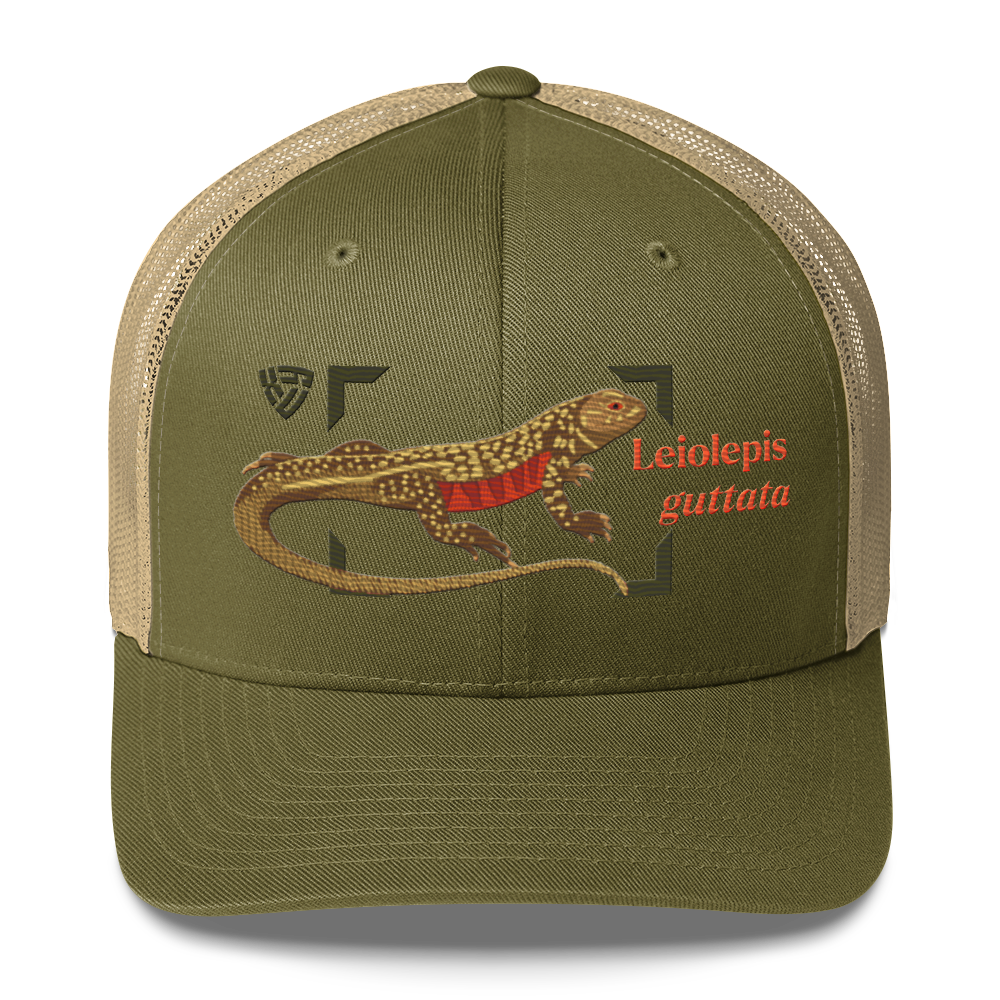 Giant Butterfly Lizard "Leiolepis guttata" Embroidered Moss Green & Khaki Trucker Hat Front Mockup