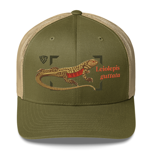 Giant Butterfly Lizard "Leiolepis guttata" Embroidered Moss Green & Khaki Trucker Hat Front Mockup