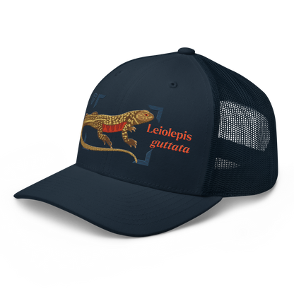 Giant Butterfly Lizard "Leiolepis guttata" Embroidered Navy Blue Trucker Hat Left Front Mockup