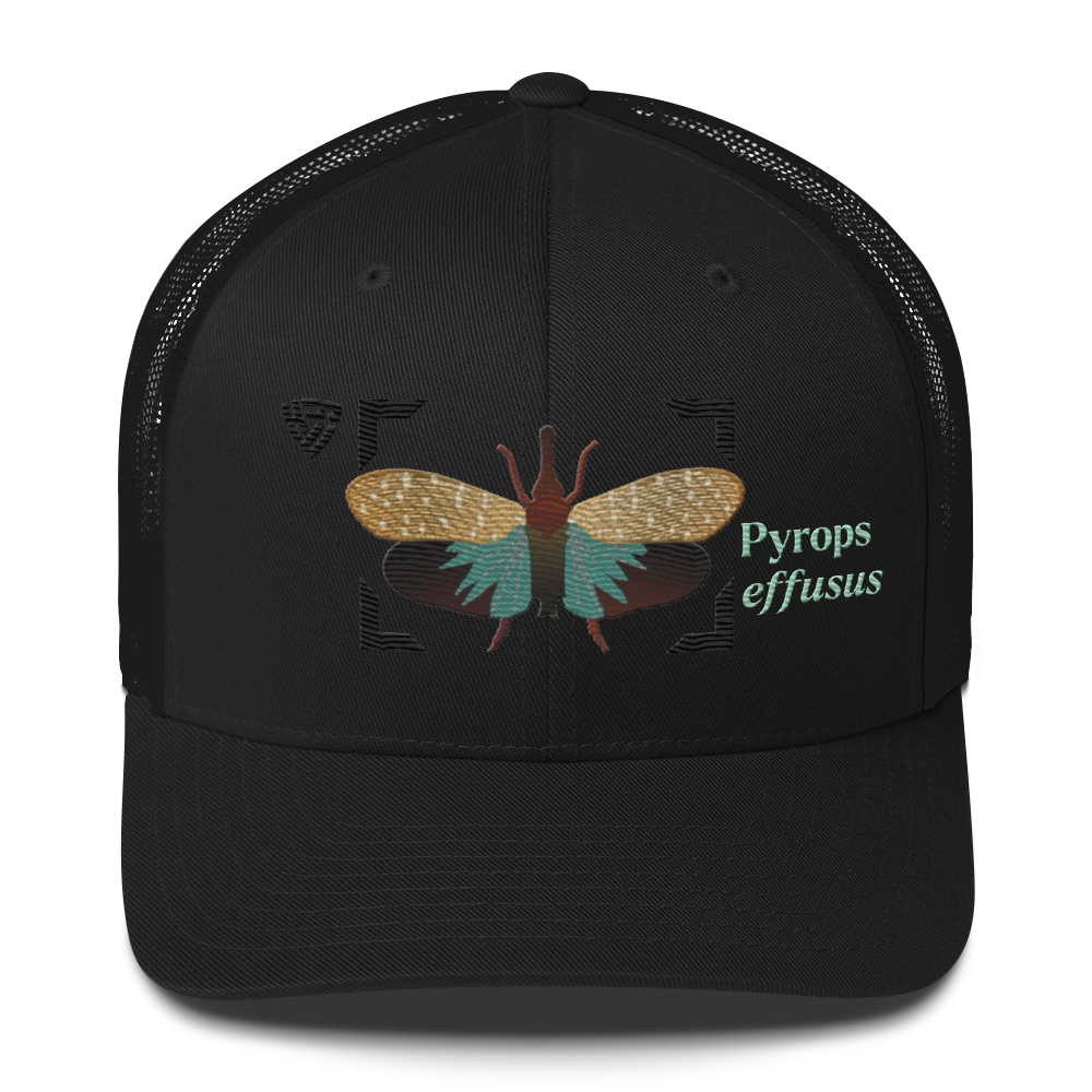 Lanternfly "Pyrops effusa" Embroidered Black Trucker Hat Front Mockup