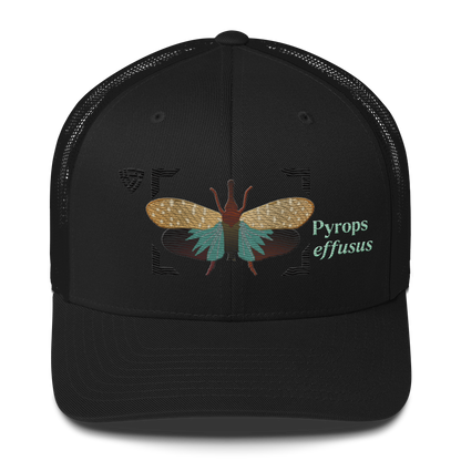 Lanternfly "Pyrops effusa" Embroidered Black Trucker Hat Front Mockup