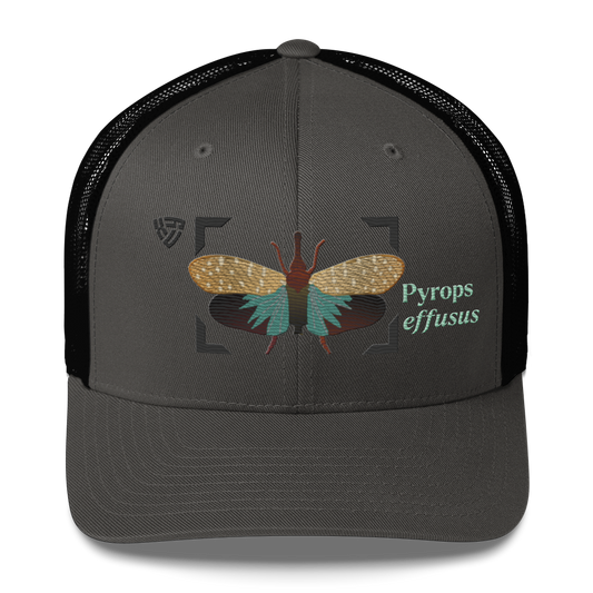 Lanternfly "Pyrops effusa" Embroidered Charcoal Grey & Black Trucker Hat Front Mockup