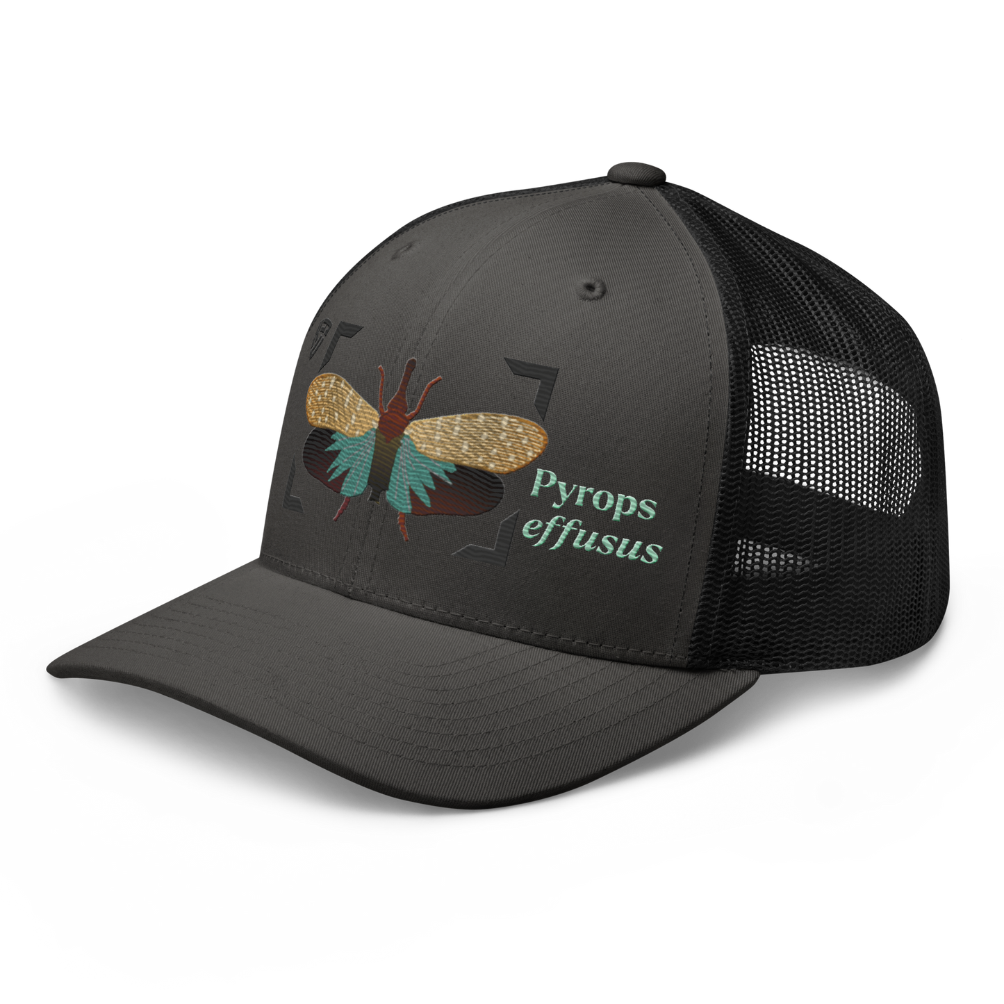 Lanternfly "Pyrops effusa" Embroidered Charcoal Grey & Black Trucker Hat Left Front Mockup