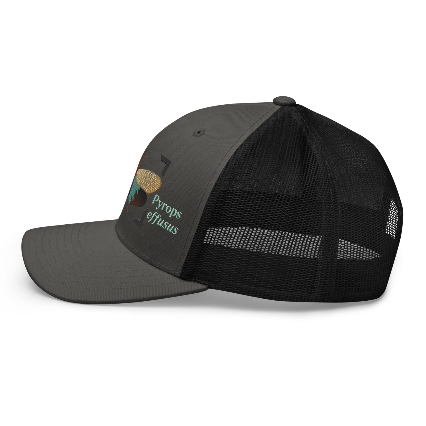 Lanternfly "Pyrops effusa" Embroidered Charcoal Grey & Black Trucker Hat Left Mockup