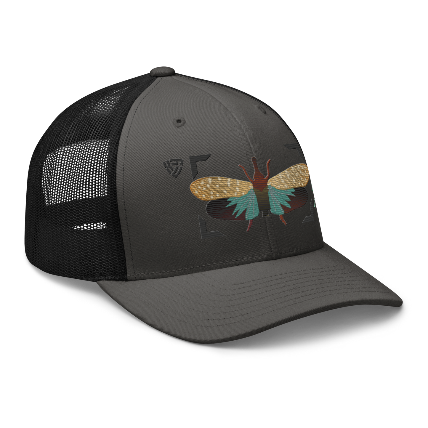 Lanternfly "Pyrops effusa" Embroidered Charcoal Grey & Black Trucker Hat Right Front Mockup