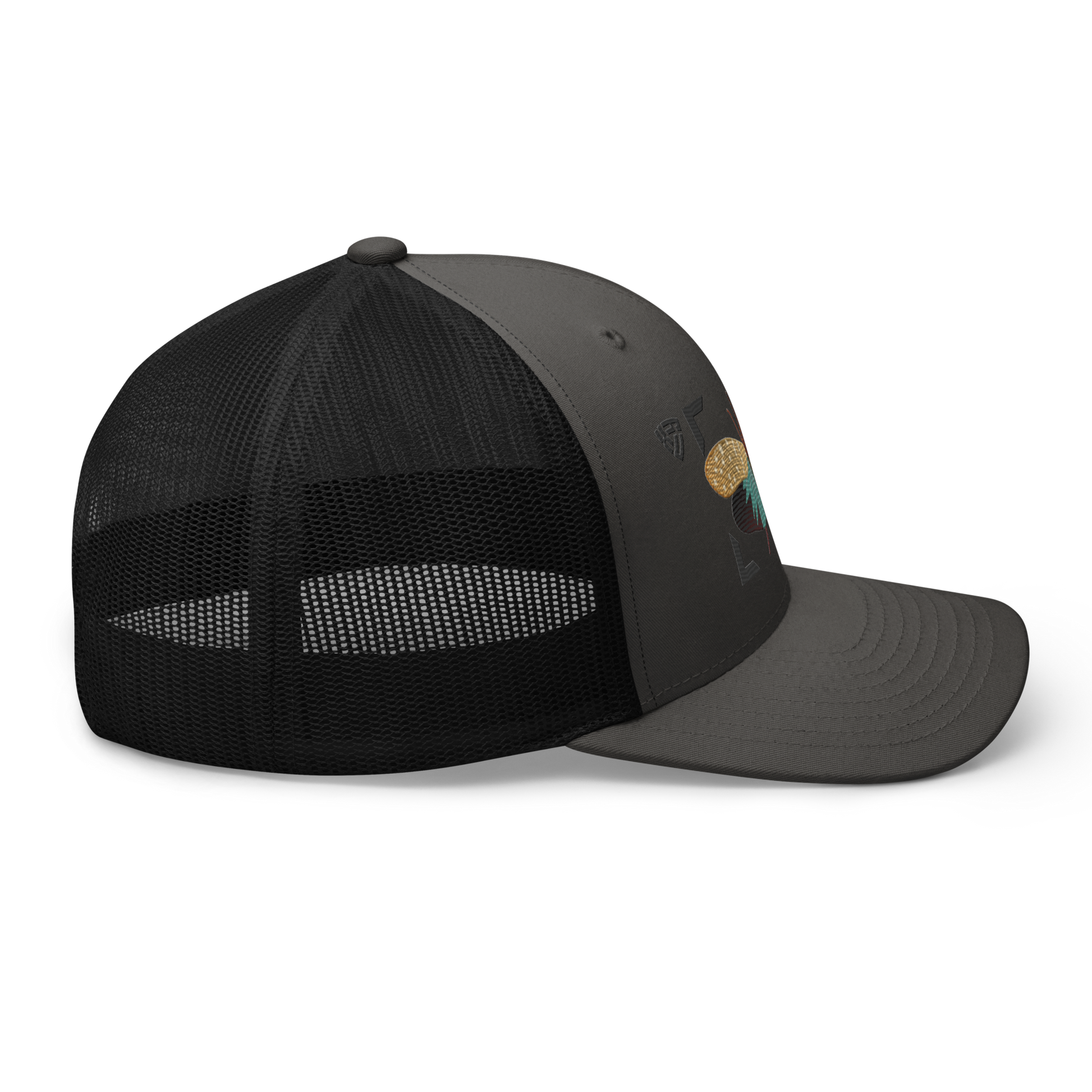 Lanternfly "Pyrops effusa" Embroidered Charcoal Grey & Black Trucker Hat Right Mockup
