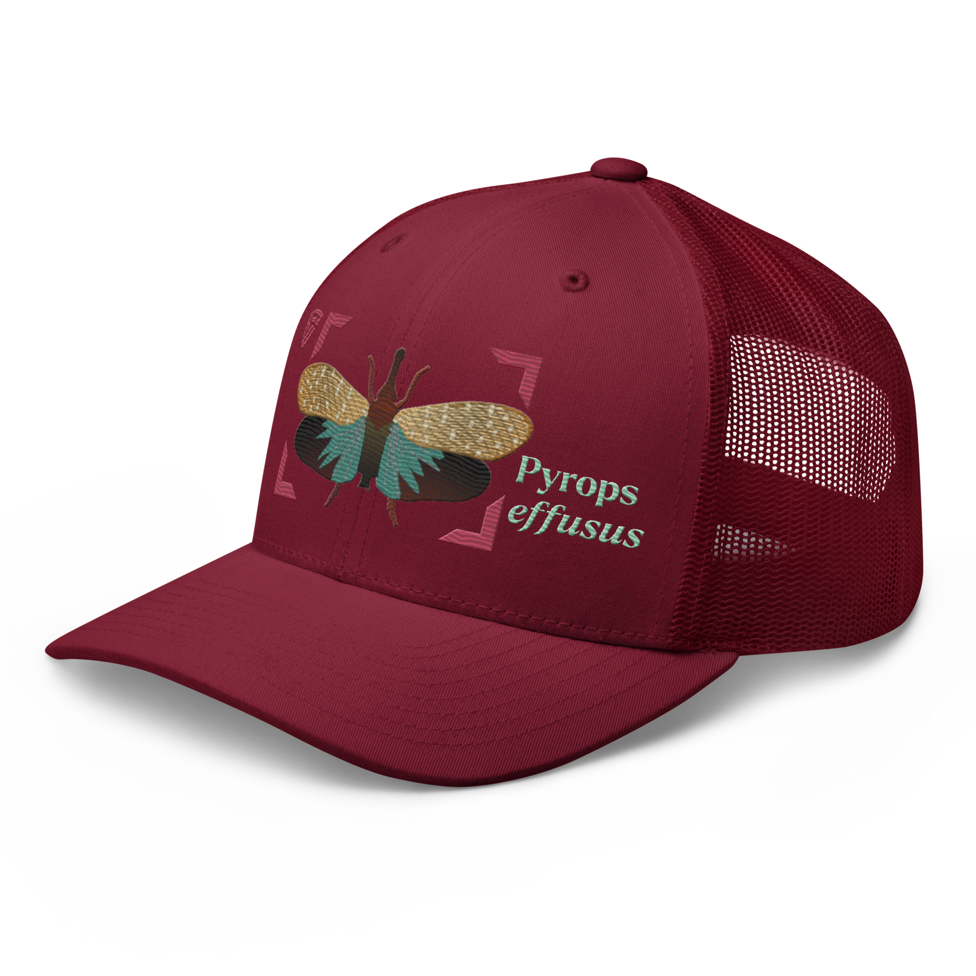 Lanternfly "Pyrops effusa" Embroidered Cranberry Red Trucker Hat Left Front Mockup