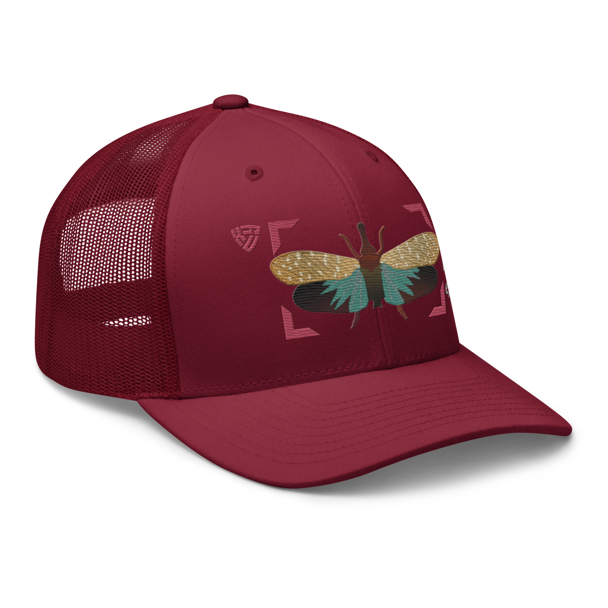 Lanternfly "Pyrops effusa" Embroidered Cranberry Red Trucker Hat Right Front Mockup