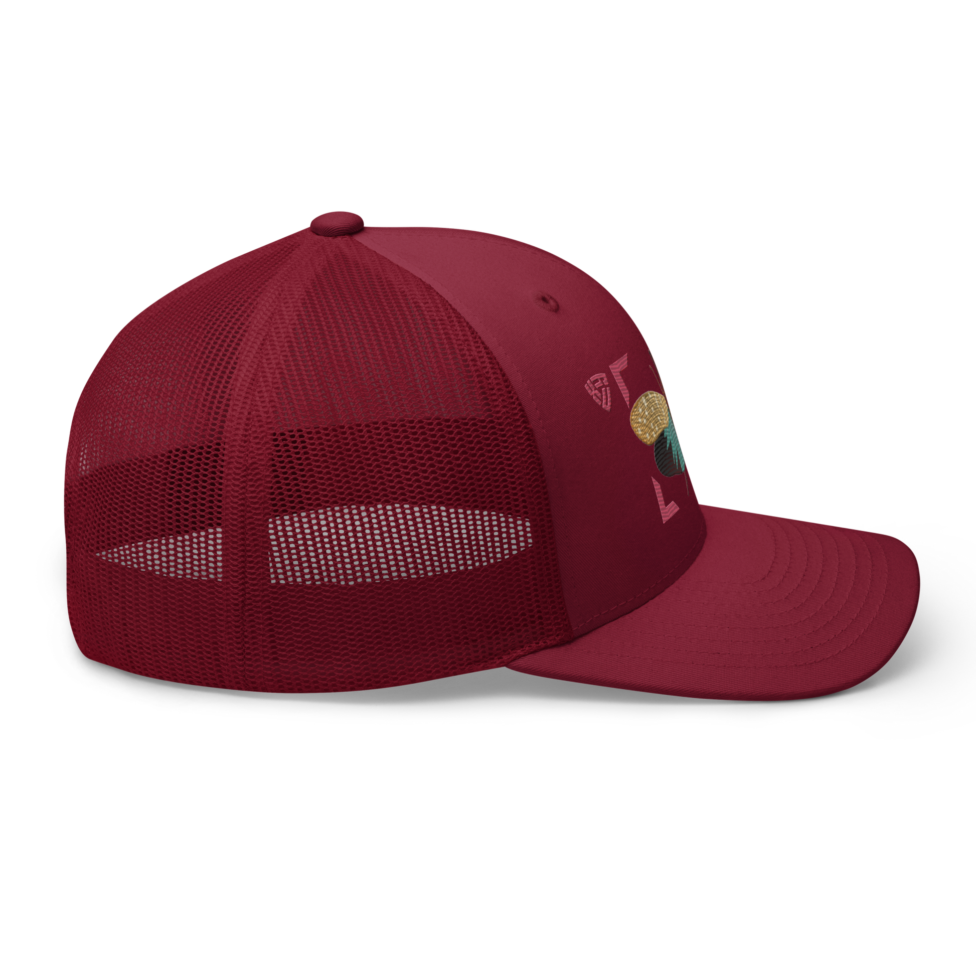 Lanternfly "Pyrops effusa" Embroidered Cranberry Red Trucker Hat Right Mockup