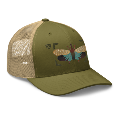 Lanternfly "Pyrops effusa" Embroidered Moss Green & Khaki Trucker Hat Right Front Mockup