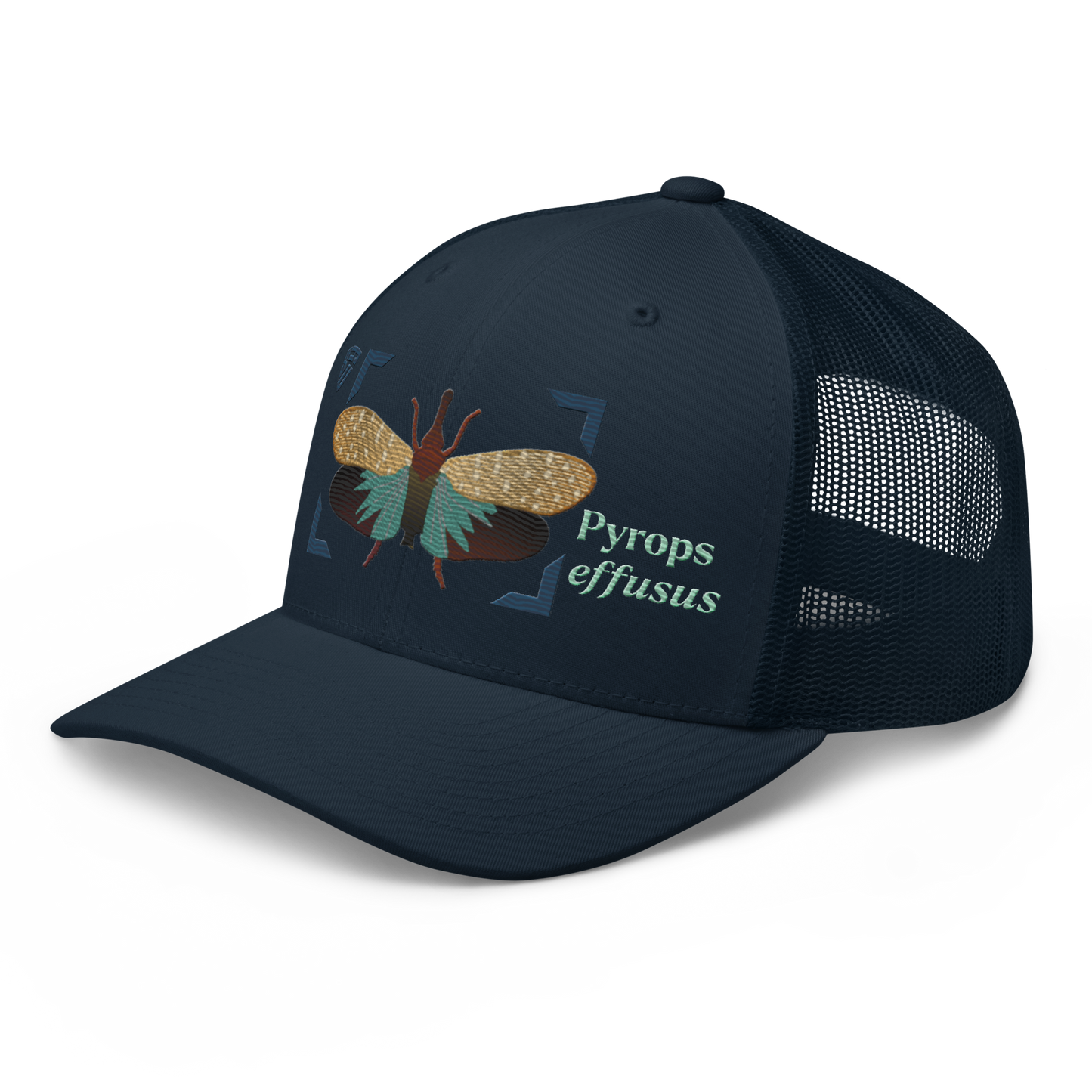Lanternfly "Pyrops effusa" Embroidered Navy Blue Trucker Hat Left Front Mockup