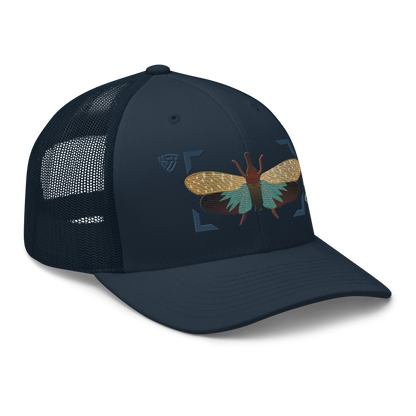 Lanternfly "Pyrops effusa" Embroidered Navy Blue Trucker Hat Right Front Mockup