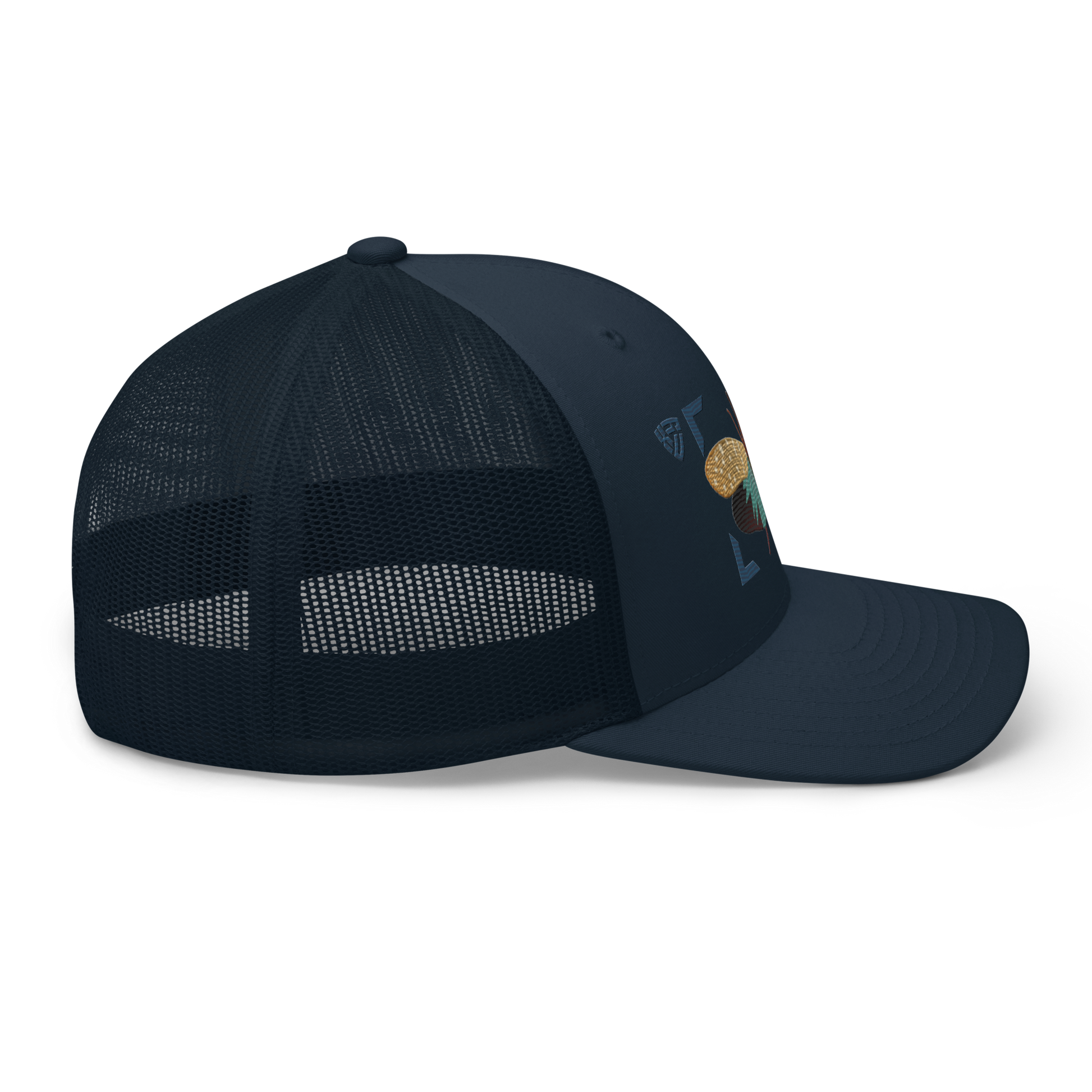 Lanternfly "Pyrops effusa" Embroidered Navy Blue Trucker Hat Right Mockup