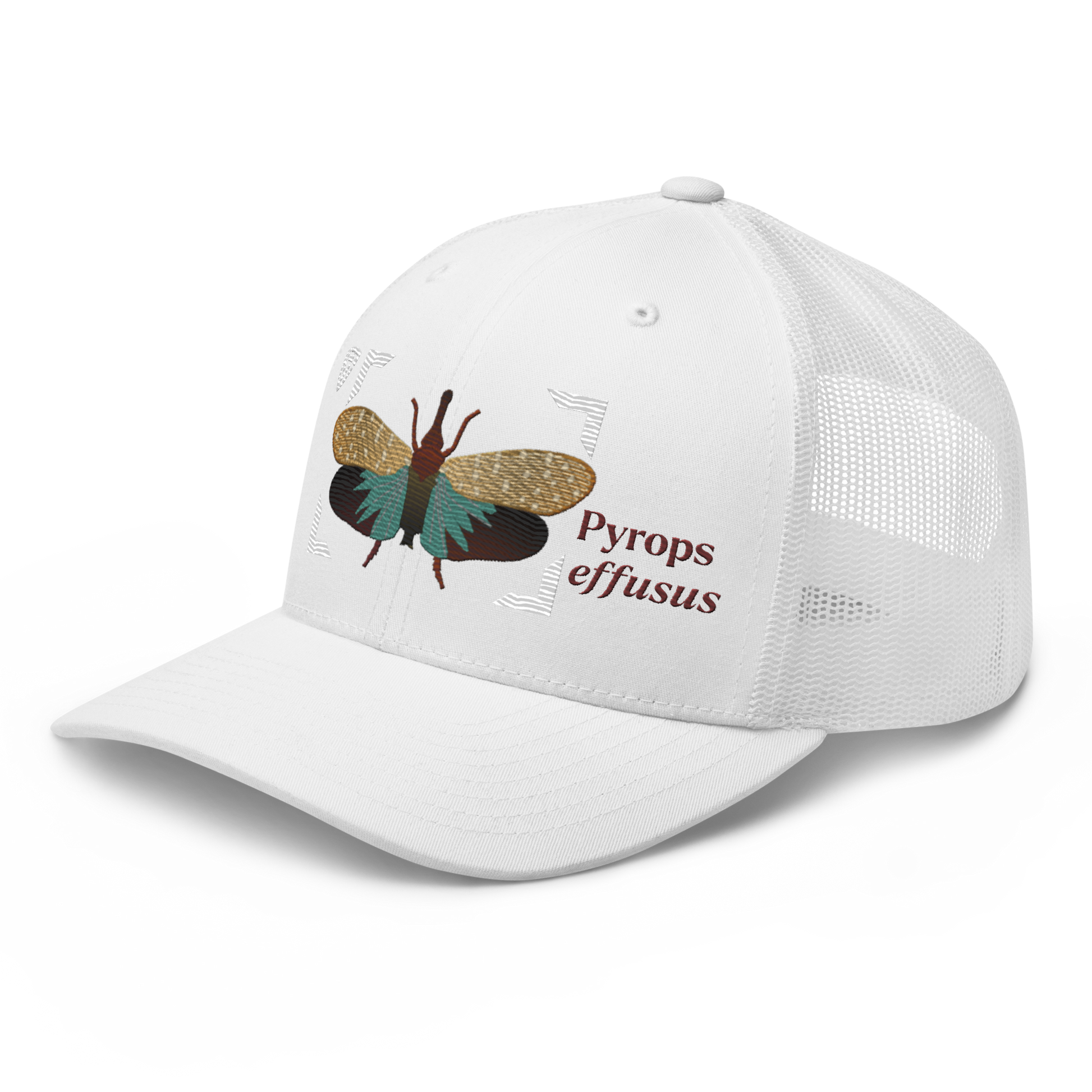 Lanternfly "Pyrops effusa" Embroidered White Trucker Hat Left Front Mockup