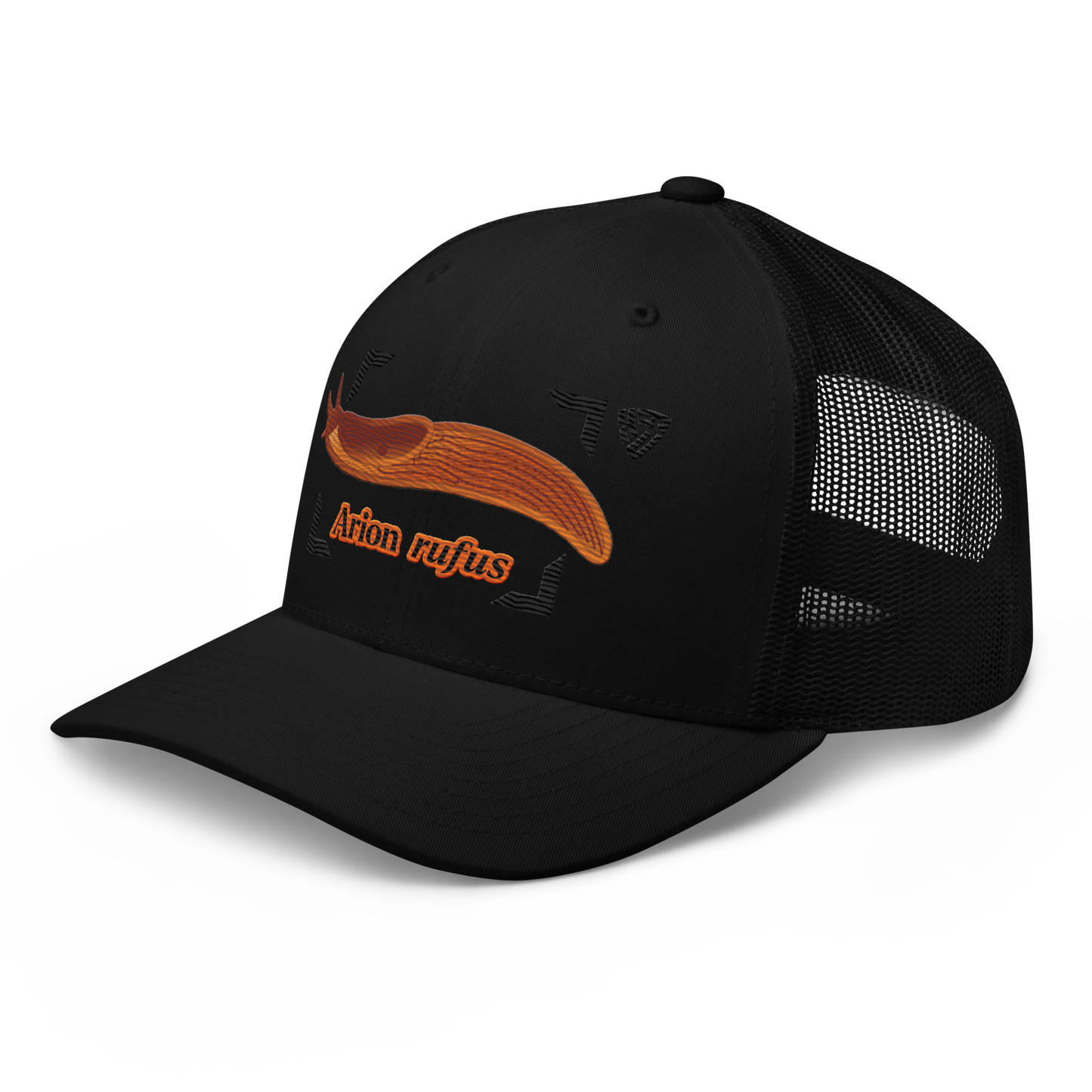 The Large Red Slug "Arion rufus" Embroidered Black Trucker Hat Left Front Mockup