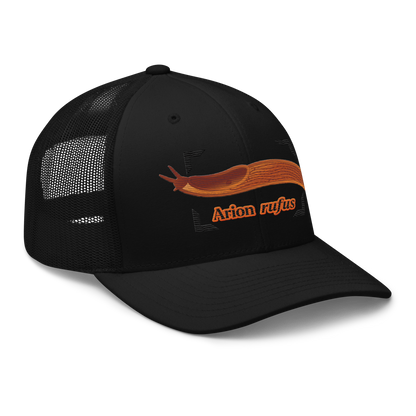 The Large Red Slug "Arion rufus" Embroidered Black Trucker Hat Right Front Mockup