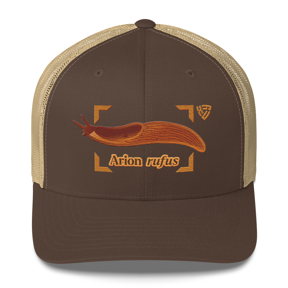 The Large Red Slug "Arion rufus" Embroidered Brown & Khaki Trucker Hat Front Mockup