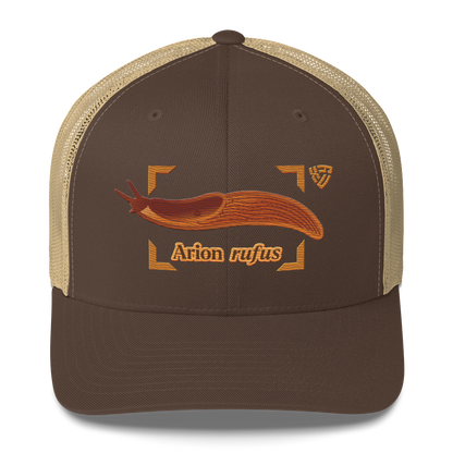 The Large Red Slug "Arion rufus" Embroidered Brown & Khaki Trucker Hat Front Mockup