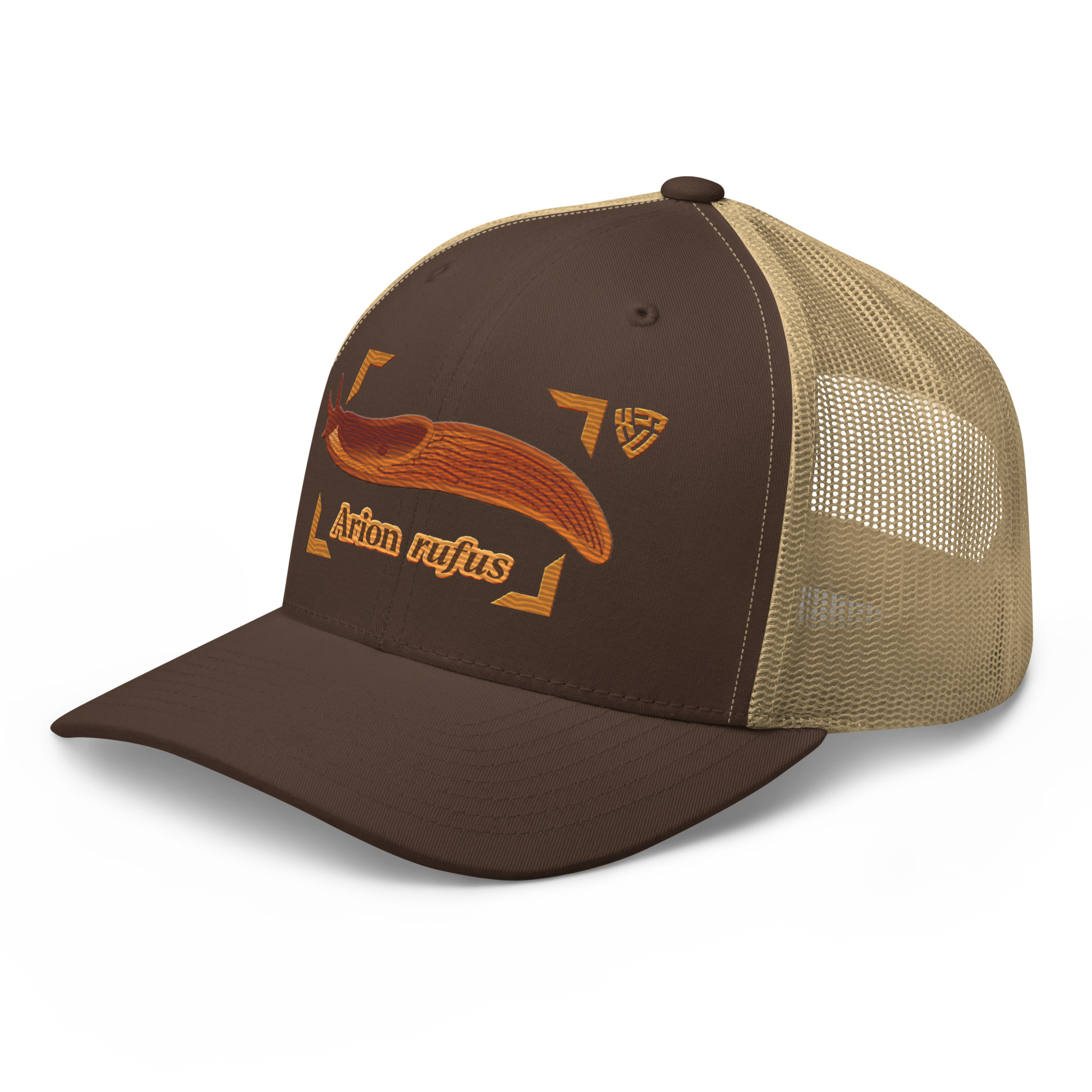 The Large Red Slug "Arion rufus" Embroidered Brown & Khaki Trucker Hat Left Front Mockup