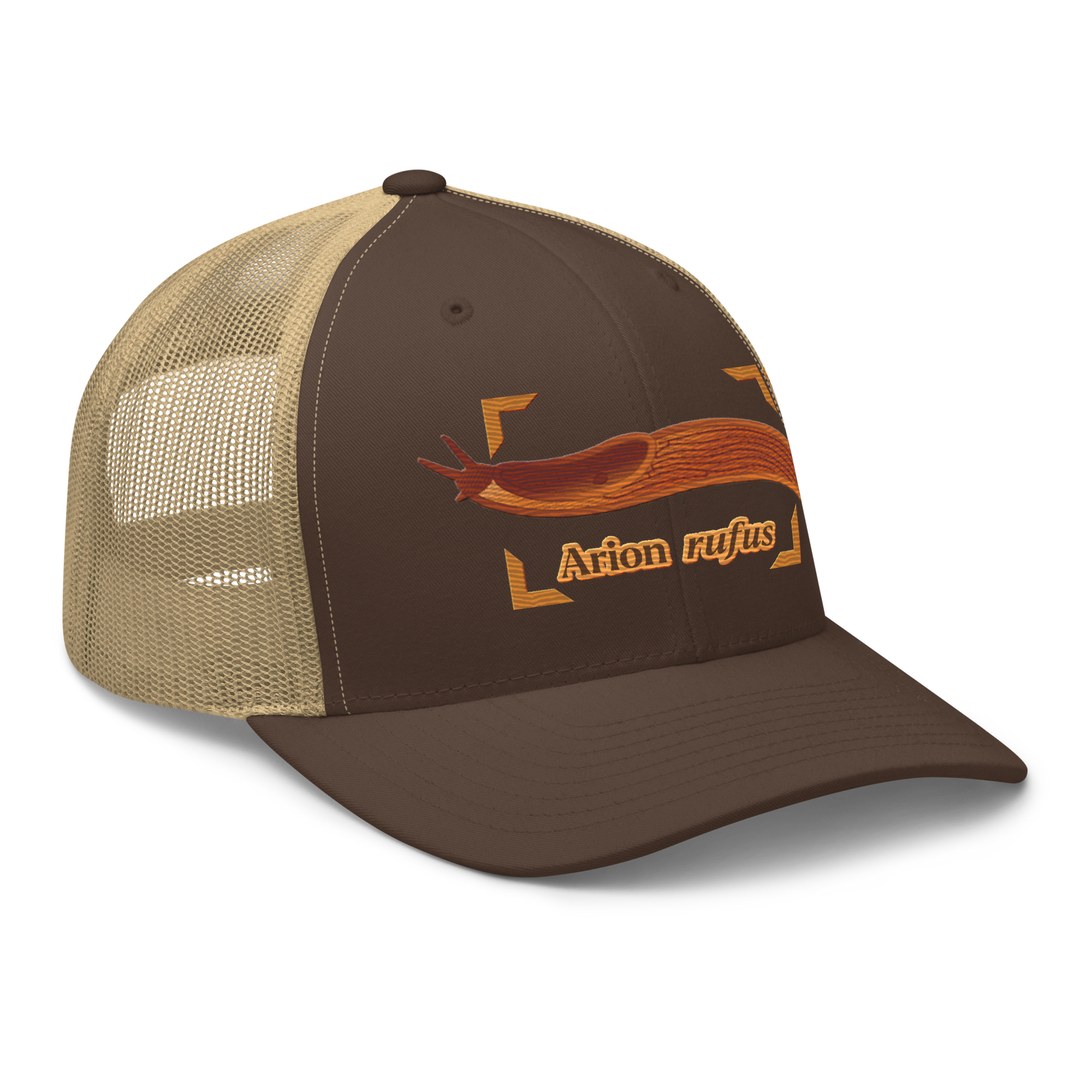 The Large Red Slug "Arion rufus" Embroidered Brown & Khaki Trucker Hat Right Front Mockup