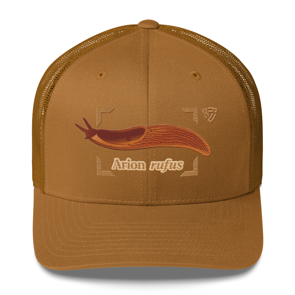 The Large Red Slug "Arion rufus" Embroidered Caramel Trucker Hat Front Mockup