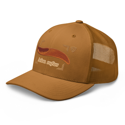 The Large Red Slug "Arion rufus" Embroidered Caramel Trucker Hat Left Front Mockup