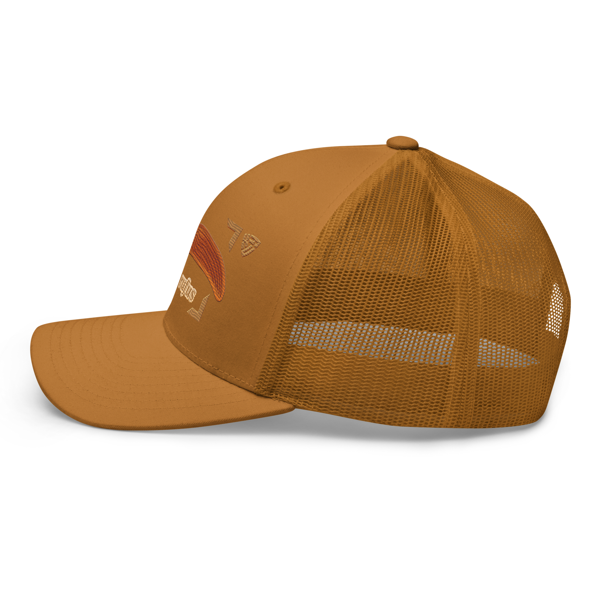 The Large Red Slug "Arion rufus" Embroidered Caramel Trucker Hat Left Mockup