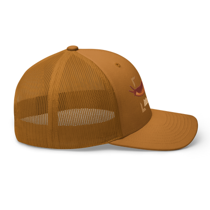 The Large Red Slug "Arion rufus" Embroidered Caramel Trucker Hat Right Mockup
