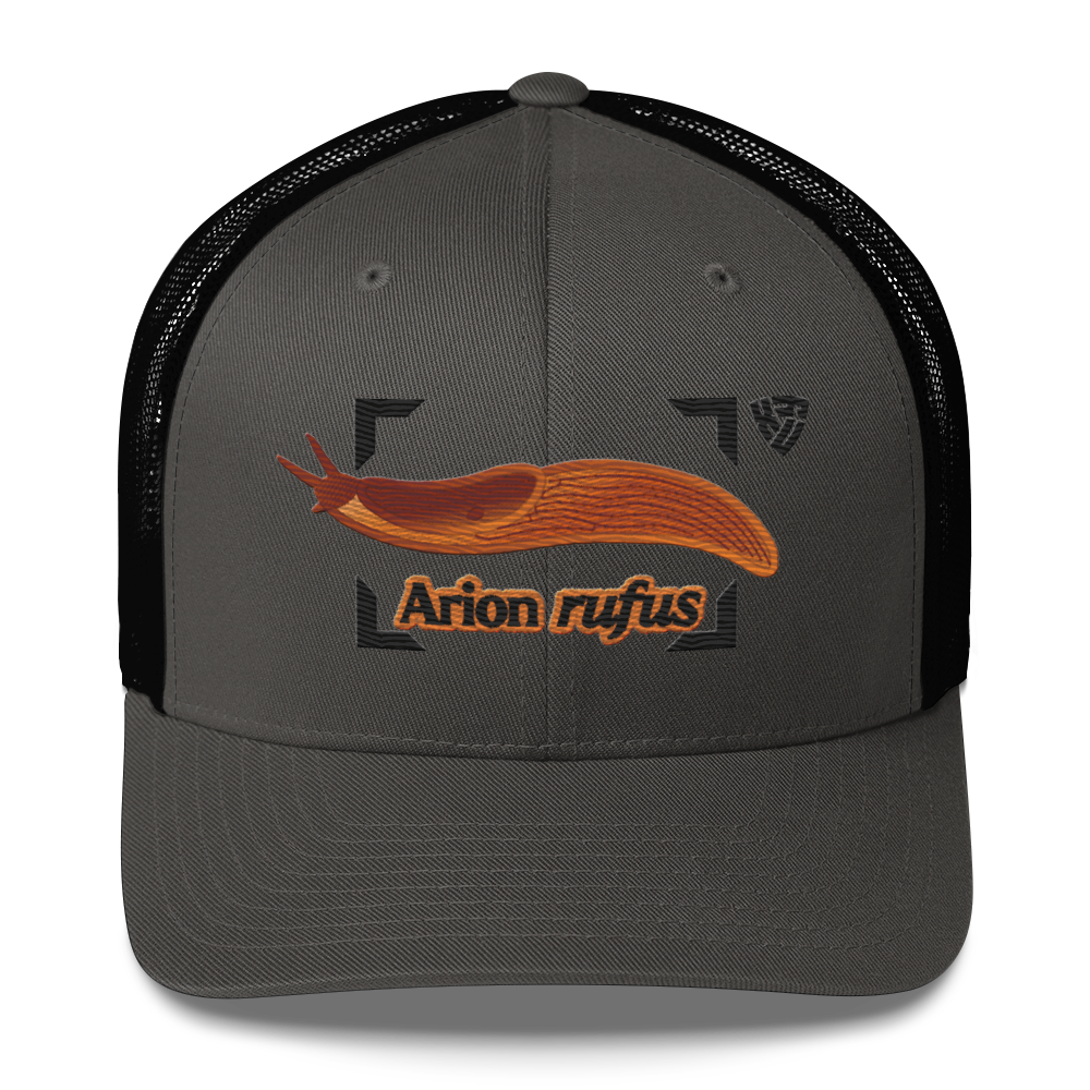 The Large Red Slug "Arion rufus" Embroidered Charcoal Grey & Black Trucker Hat Front Mockup