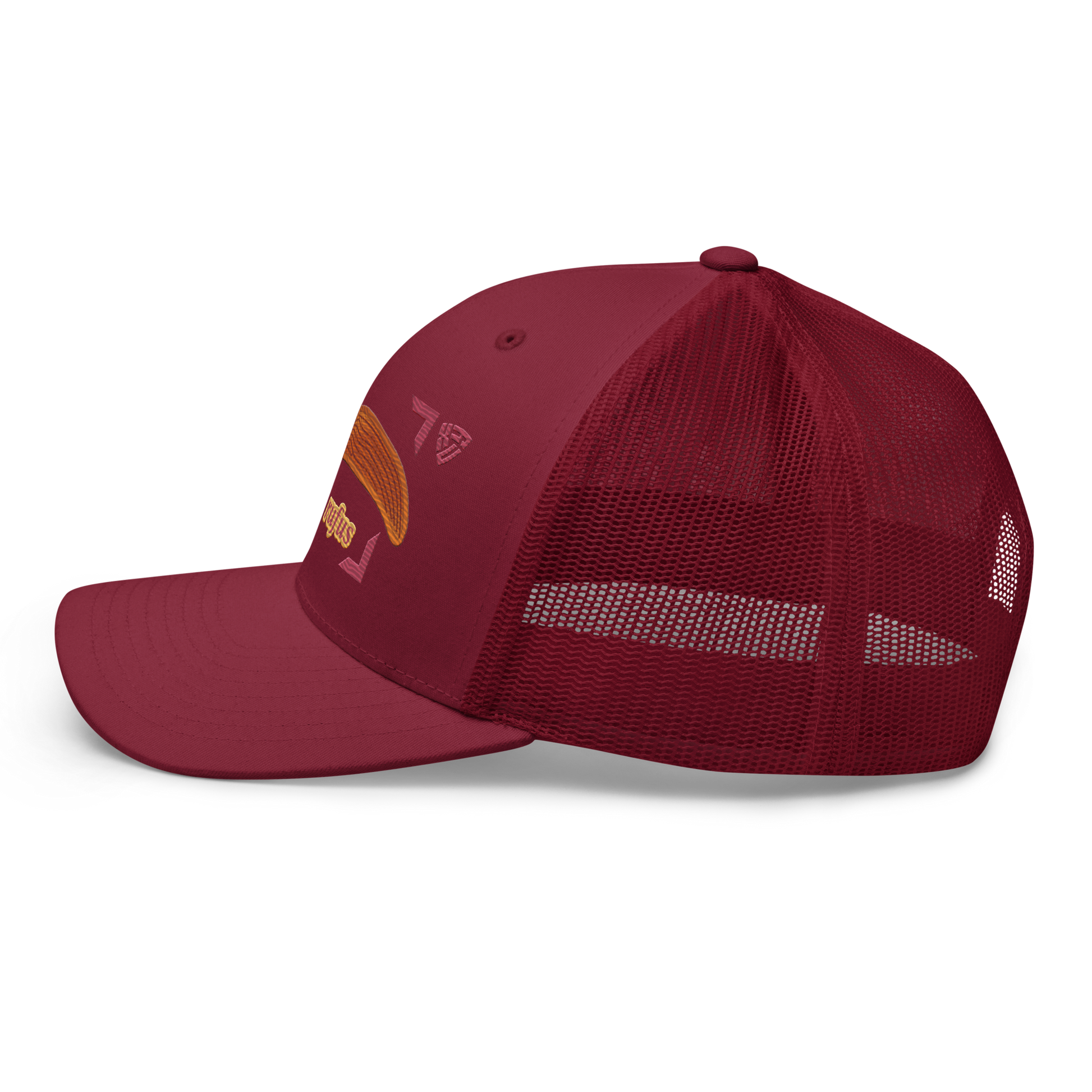 The Large Red Slug "Arion rufus" Embroidered Cranberry Red Trucker Hat Back Mockup