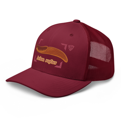 The Large Red Slug "Arion rufus" Embroidered Cranberry Red Trucker Hat Left Front Mockup