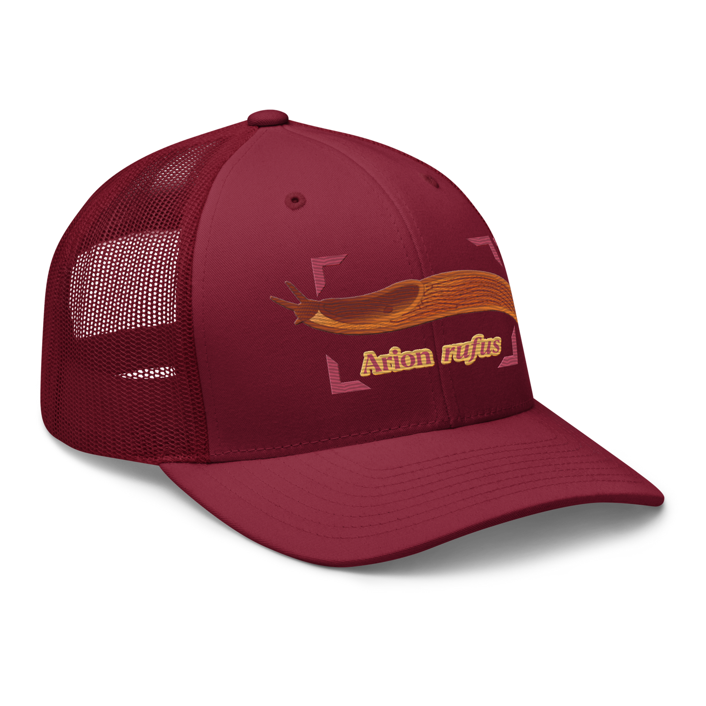 The Large Red Slug "Arion rufus" Embroidered Cranberry Red Trucker Hat Right Front Mockup