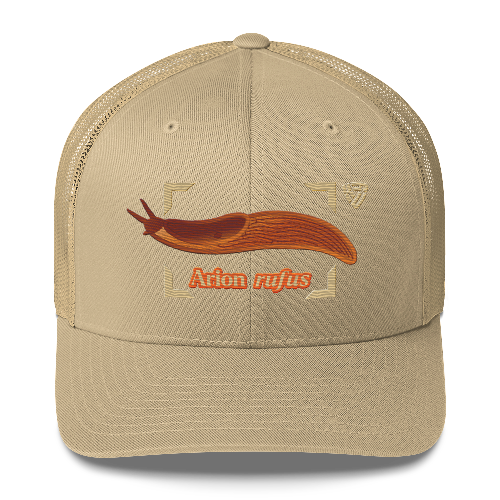 The Large Red Slug "Arion rufus" Embroidered Khaki Trucker Hat Front Mockup