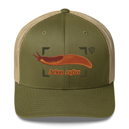 The Large Red Slug "Arion rufus" Embroidered Moss Green & Khaki Trucker Hat Front Mockup