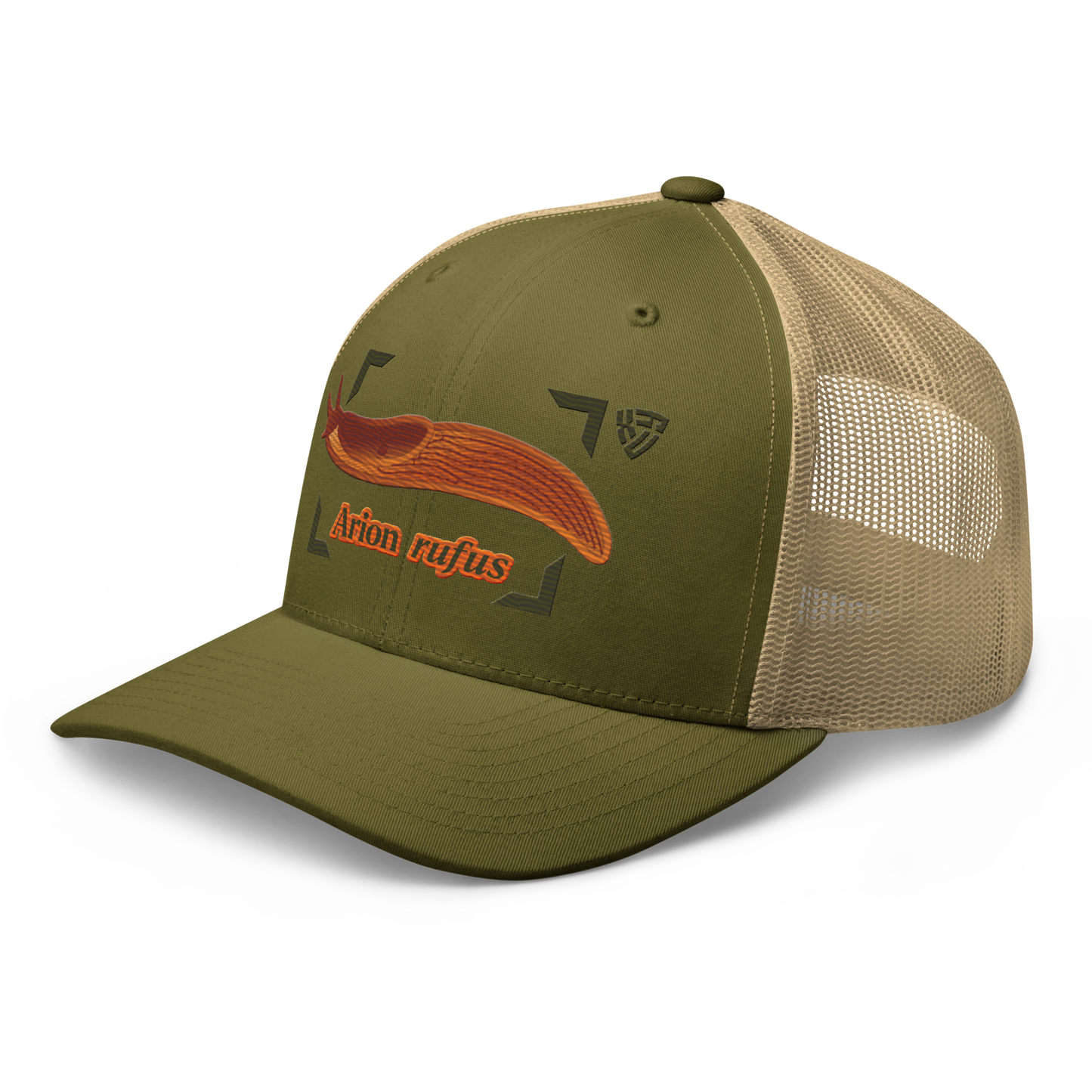 The Large Red Slug "Arion rufus" Embroidered Moss Green & Khaki Trucker Hat Left Front Mockup