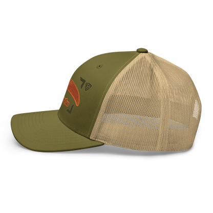 The Large Red Slug "Arion rufus" Embroidered Moss Green & Khaki Trucker Hat Left Mockup
