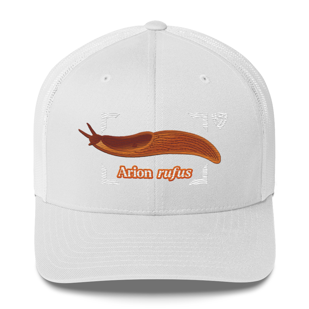The Large Red Slug "Arion rufus" Embroidered White Trucker Hat Front Mockup
