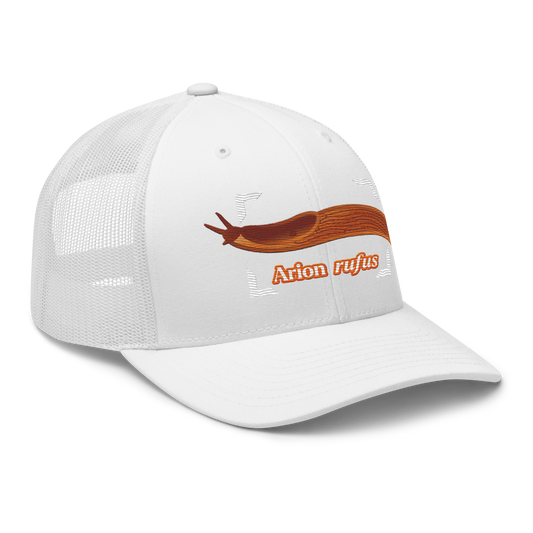 The Large Red Slug "Arion rufus" Embroidered White Trucker Hat Right Front Mockup