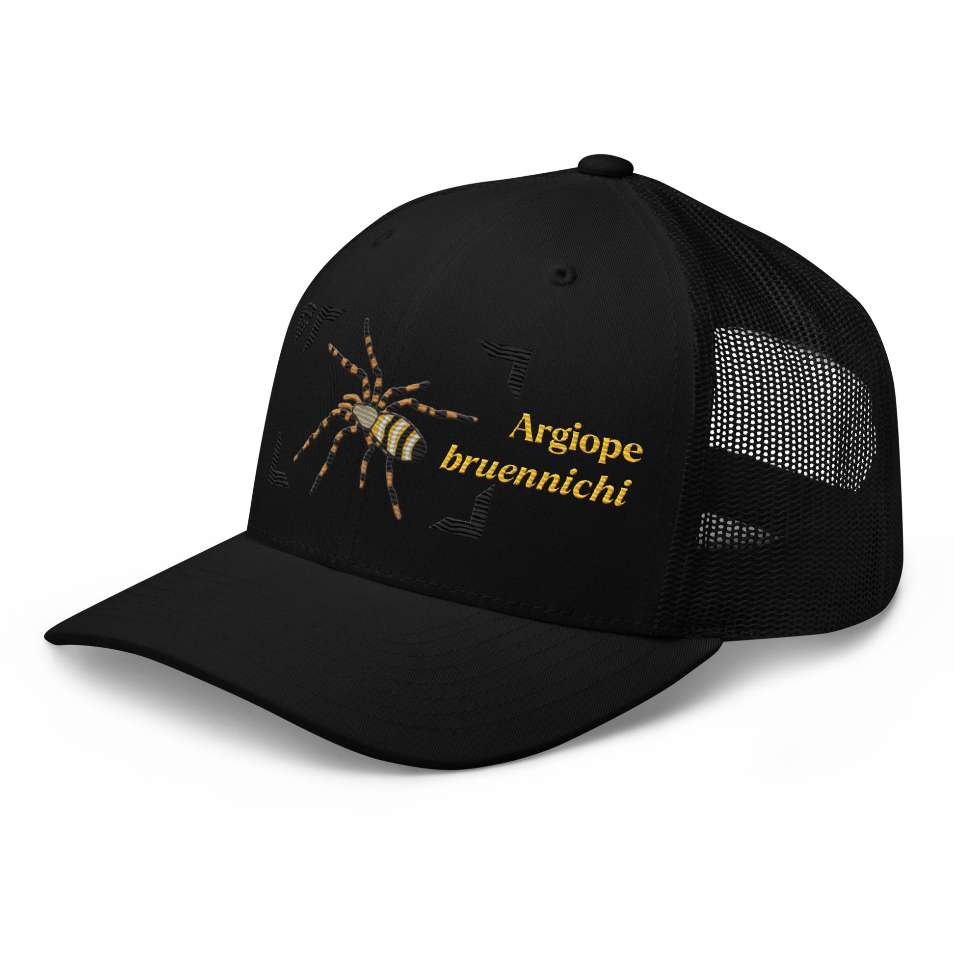 Wasp Spider "Argiope bruennichi" Embroidered Black Trucker Hat Left Front Mockup