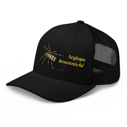 Wasp Spider "Argiope bruennichi" Embroidered Black Trucker Hat Left Front Mockup