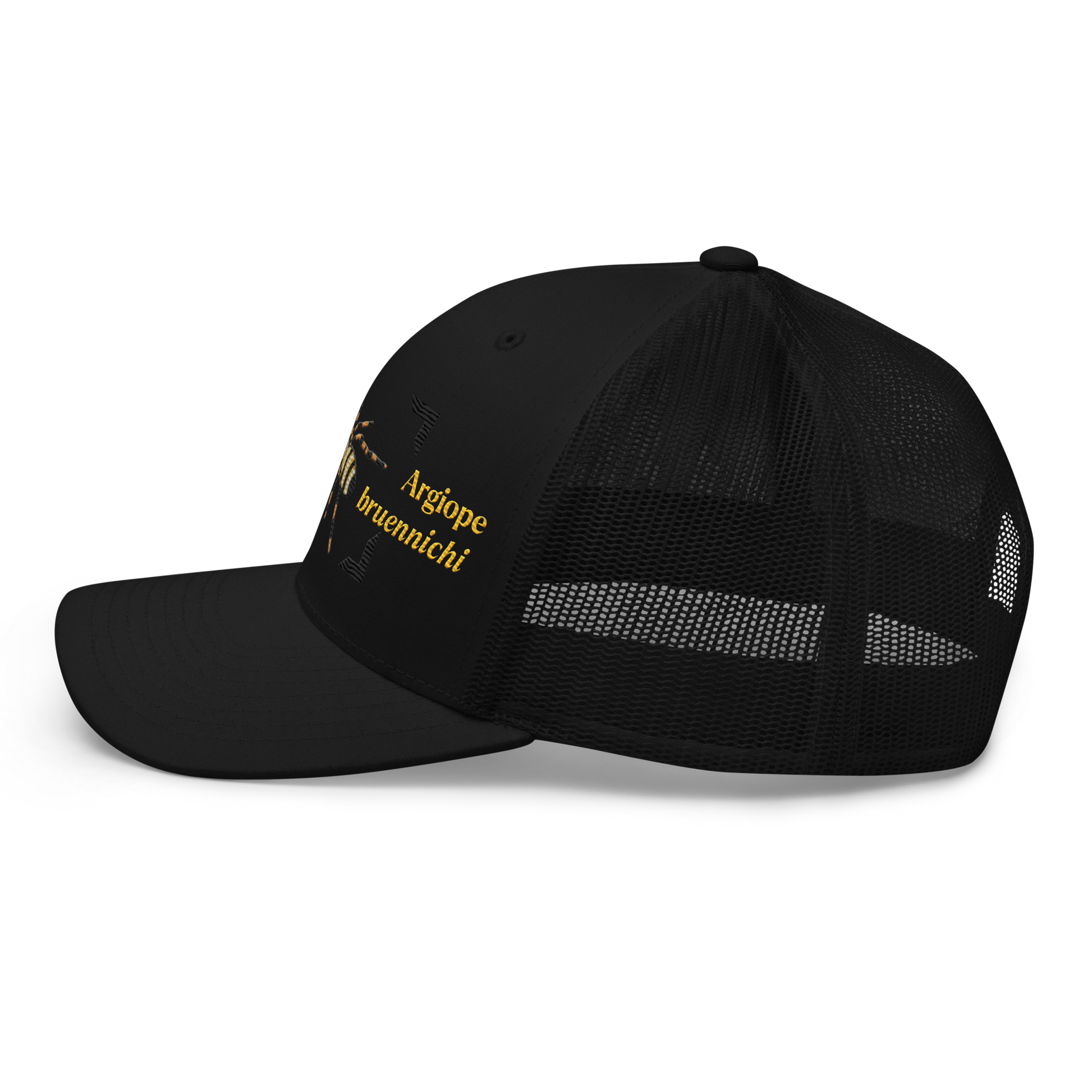 Wasp Spider "Argiope bruennichi" Embroidered Black Trucker Hat Left Mockup