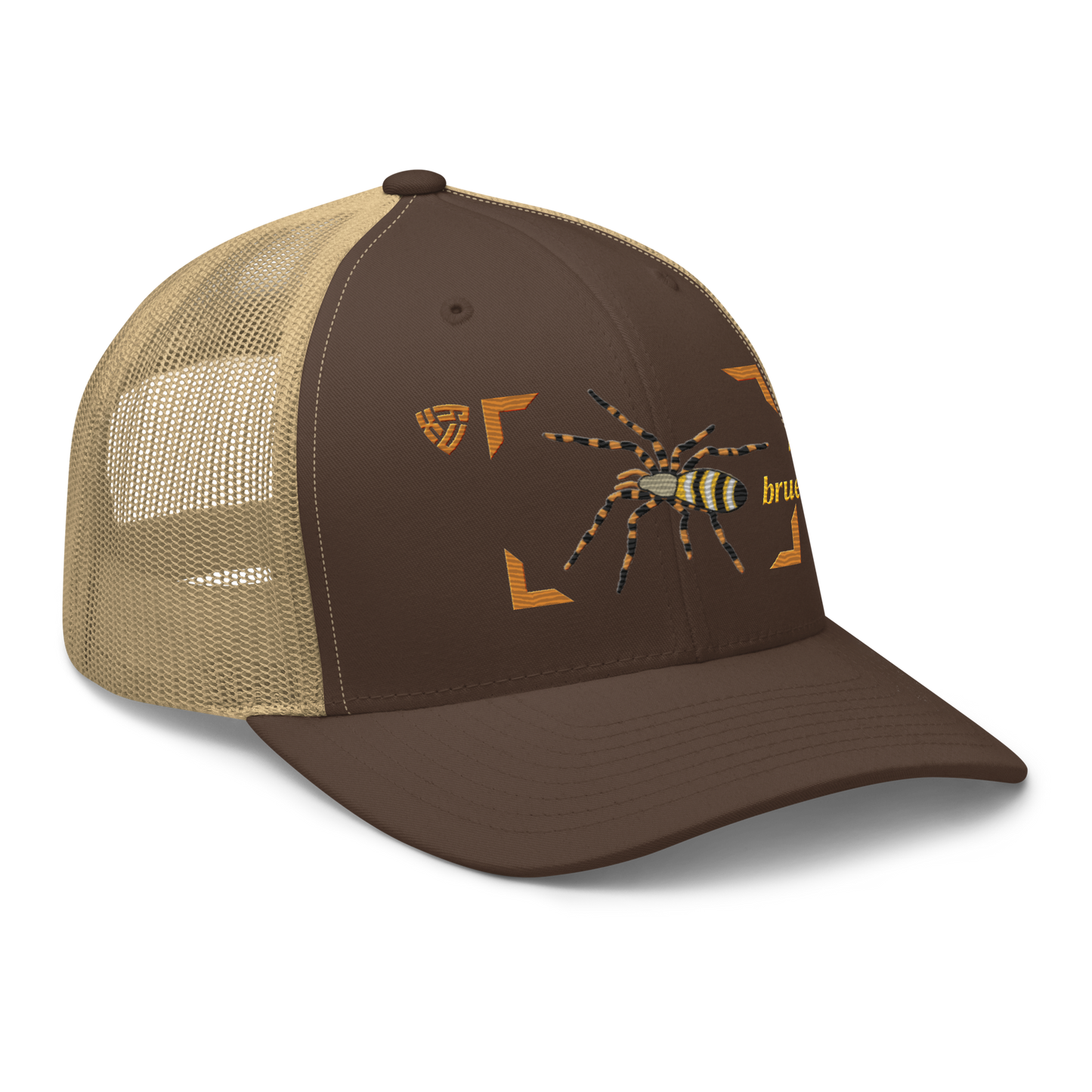 Wasp Spider "Argiope bruennichi" Embroidered Brown & Khaki Trucker Hat Right Front Mockup