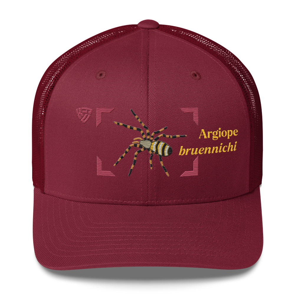 Wasp Spider "Argiope bruennichi" Embroidered Cranberry Red Trucker Hat Front Mockup