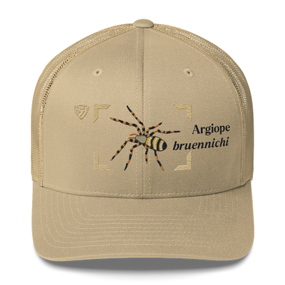 Wasp Spider "Argiope bruennichi" Embroidered Khaki Trucker Hat Front Mockup