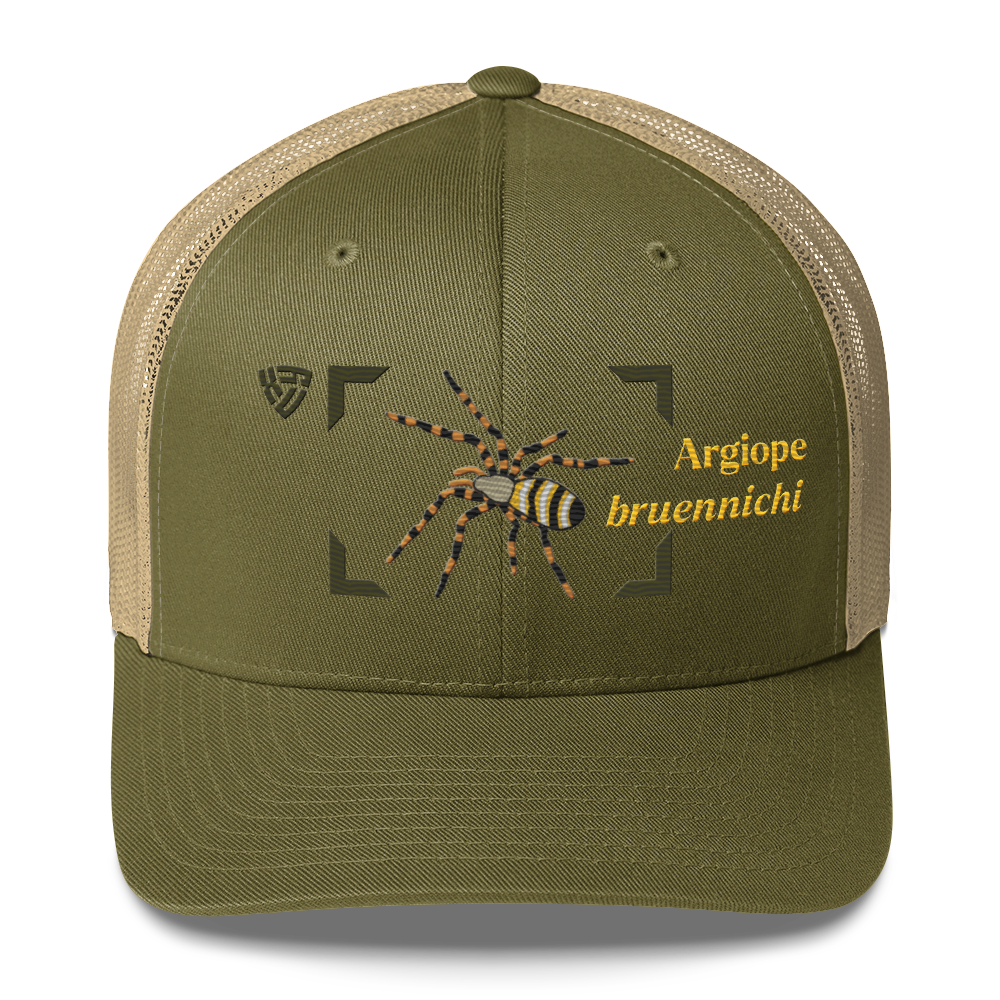 Wasp Spider "Argiope bruennichi" Embroidered Moss Green & Khaki Trucker Hat Front Mockup