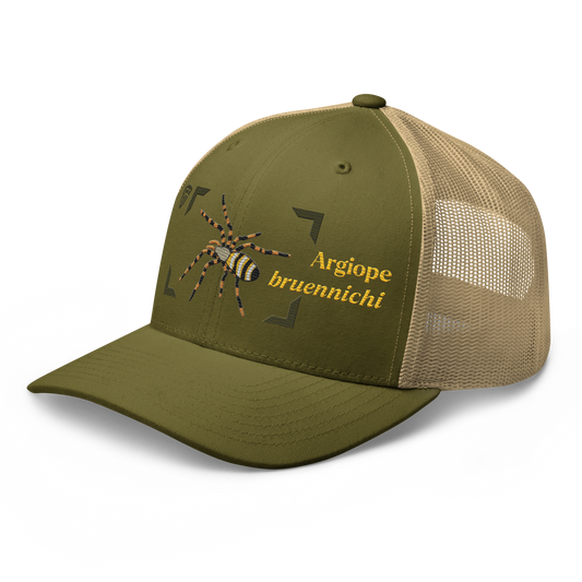Wasp Spider "Argiope bruennichi" Embroidered Moss Green & Khaki Trucker Hat Left Front Mockup